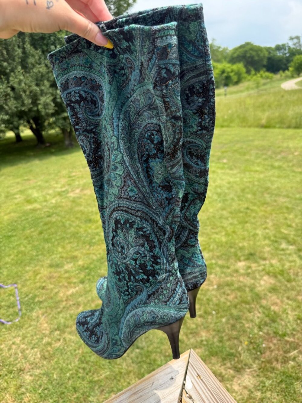 Paisley Knee High Heels sz9.5 Y2K Boho Glam Coquette Festival Boots 3584 - Picture 6 of 14